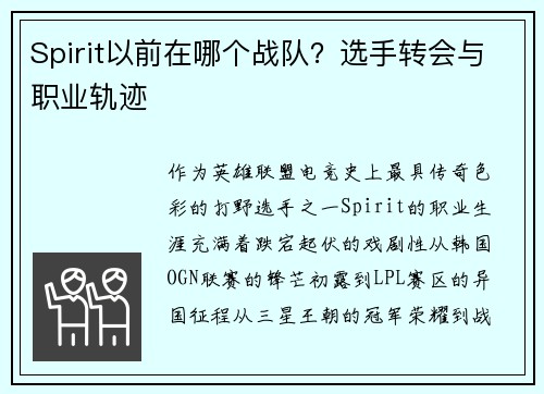 Spirit以前在哪个战队？选手转会与职业轨迹