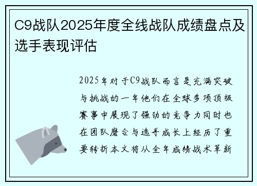 C9战队2025年度全线战队成绩盘点及选手表现评估
